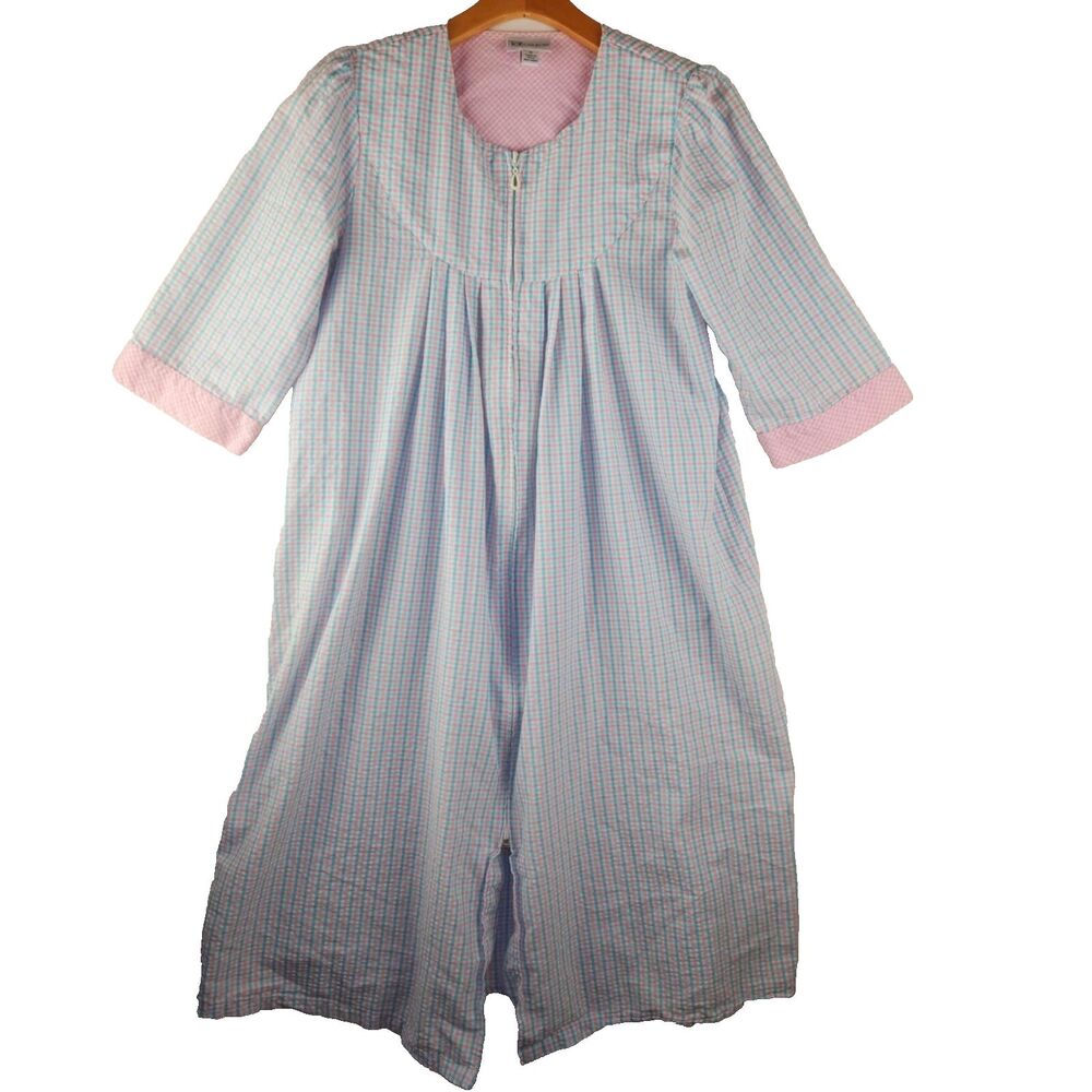 Vintage TOG Shop Housecoat Robe Mumu Seersucker Blue Pink Checkered Womens M